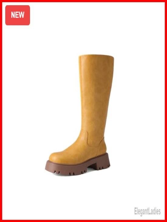Shoes - Knee-High Platform Chunky Boots Faux Leather Side Zip Women's